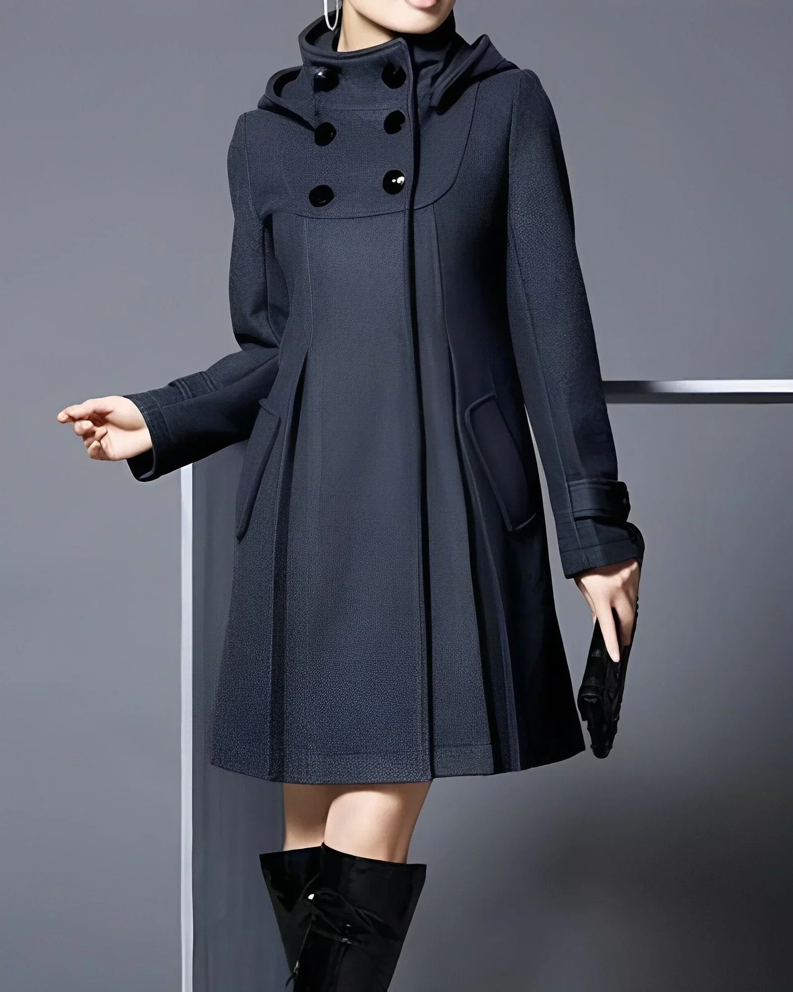Ladies Coat - Wool - A-line - Double-breasted - High Collar - Knee-length - Elegant Fit - Image 3