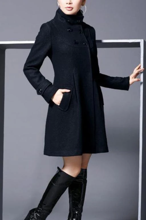 Ladies Coat - Wool - A-line - Double-breasted - High Collar - Knee-length - Elegant Fit - Image 4