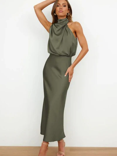 Ladies Evening Dress - Halter Neck - Sleeveless - Satin Look - Elegant Fit - Midi Length - Image 3