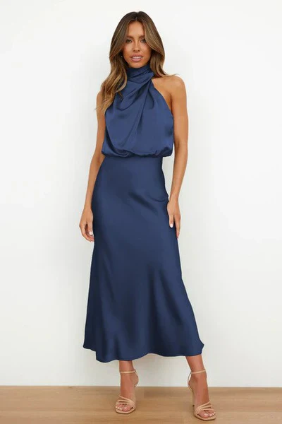 Ladies Evening Dress - Halter Neck - Sleeveless - Satin Look - Elegant Fit - Midi Length - Image 5
