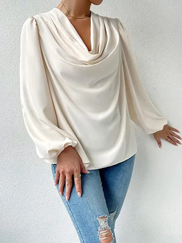 Women's Blouse – Loose Fit – Cowl Neckline – Long Puff Sleeves – Elegant Style - Image 11