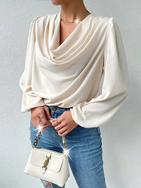 Women's Blouse – Loose Fit – Cowl Neckline – Long Puff Sleeves – Elegant Style - Image 12