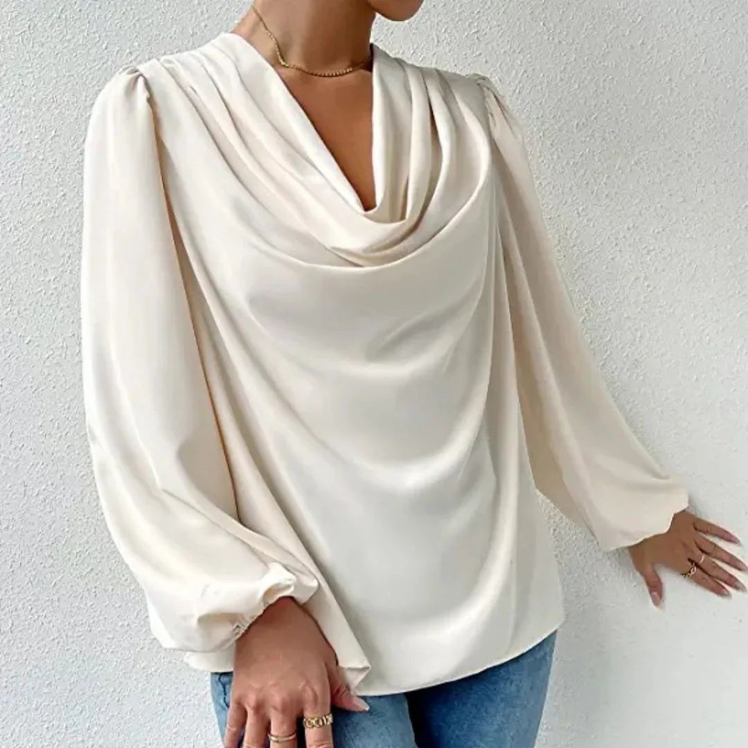 Women's Blouse – Loose Fit – Cowl Neckline – Long Puff Sleeves – Elegant Style - Image 2