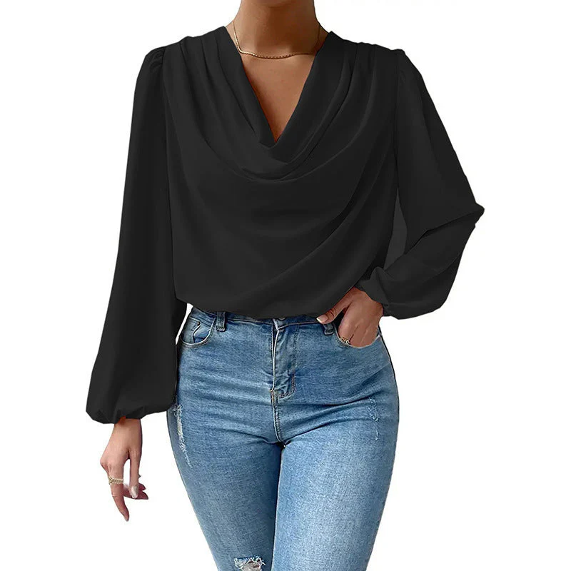 Women's Blouse – Loose Fit – Cowl Neckline – Long Puff Sleeves – Elegant Style - Image 3