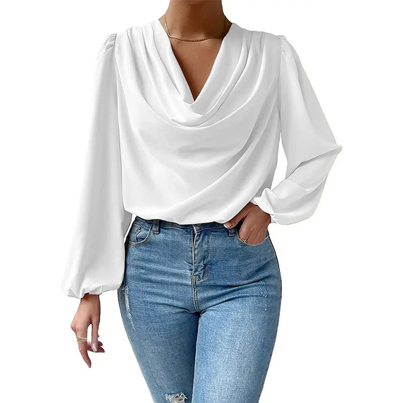 Women's Blouse – Loose Fit – Cowl Neckline – Long Puff Sleeves – Elegant Style - Image 4
