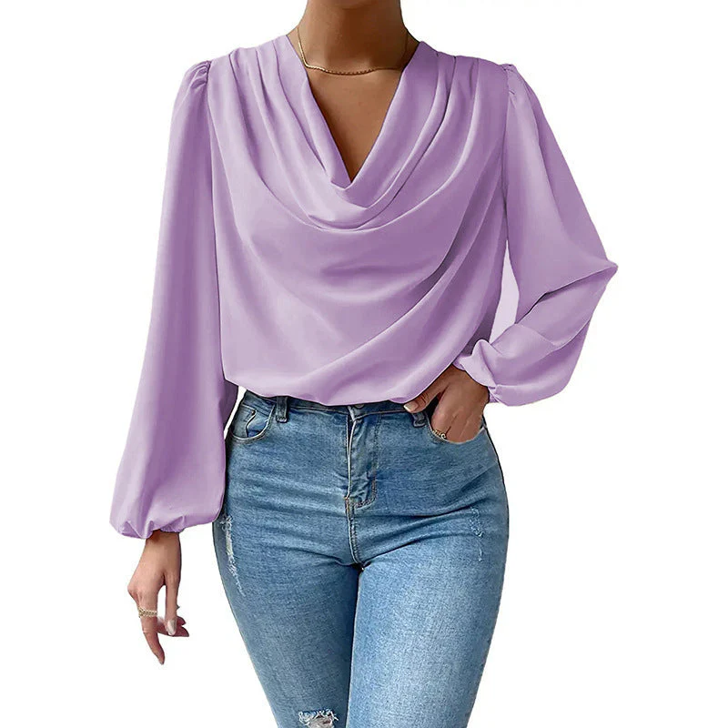 Women's Blouse – Loose Fit – Cowl Neckline – Long Puff Sleeves – Elegant Style - Image 5