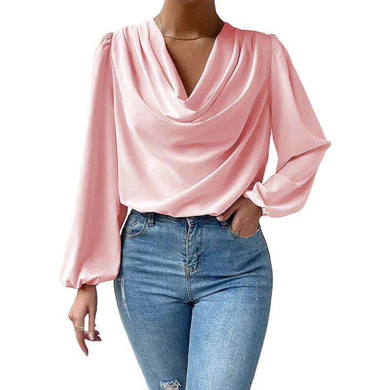 Women's Blouse – Loose Fit – Cowl Neckline – Long Puff Sleeves – Elegant Style - Image 6