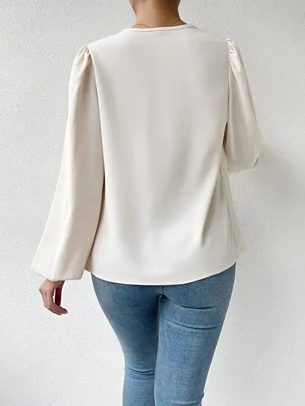 Women's Blouse – Loose Fit – Cowl Neckline – Long Puff Sleeves – Elegant Style - Image 7