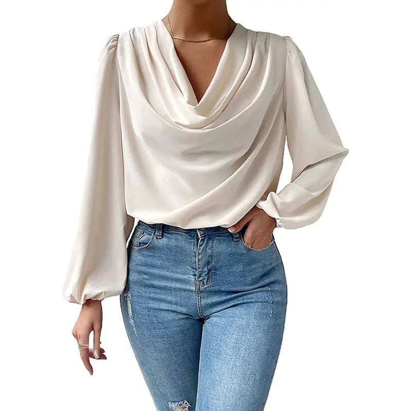 Women's Blouse – Loose Fit – Cowl Neckline – Long Puff Sleeves – Elegant Style - Image 8