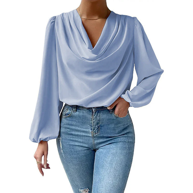 Women's Blouse – Loose Fit – Cowl Neckline – Long Puff Sleeves – Elegant Style - Image 9