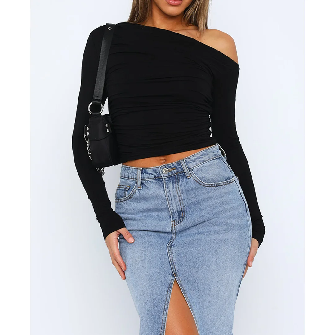 Ladies Off-Shoulder Top – Asymmetrical – Ruched – Fitted – Long Sleeves – Cropped Model - Image 10