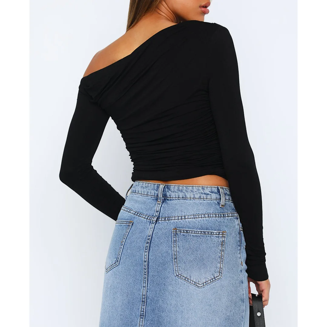 Ladies Off-Shoulder Top – Asymmetrical – Ruched – Fitted – Long Sleeves – Cropped Model - Image 11