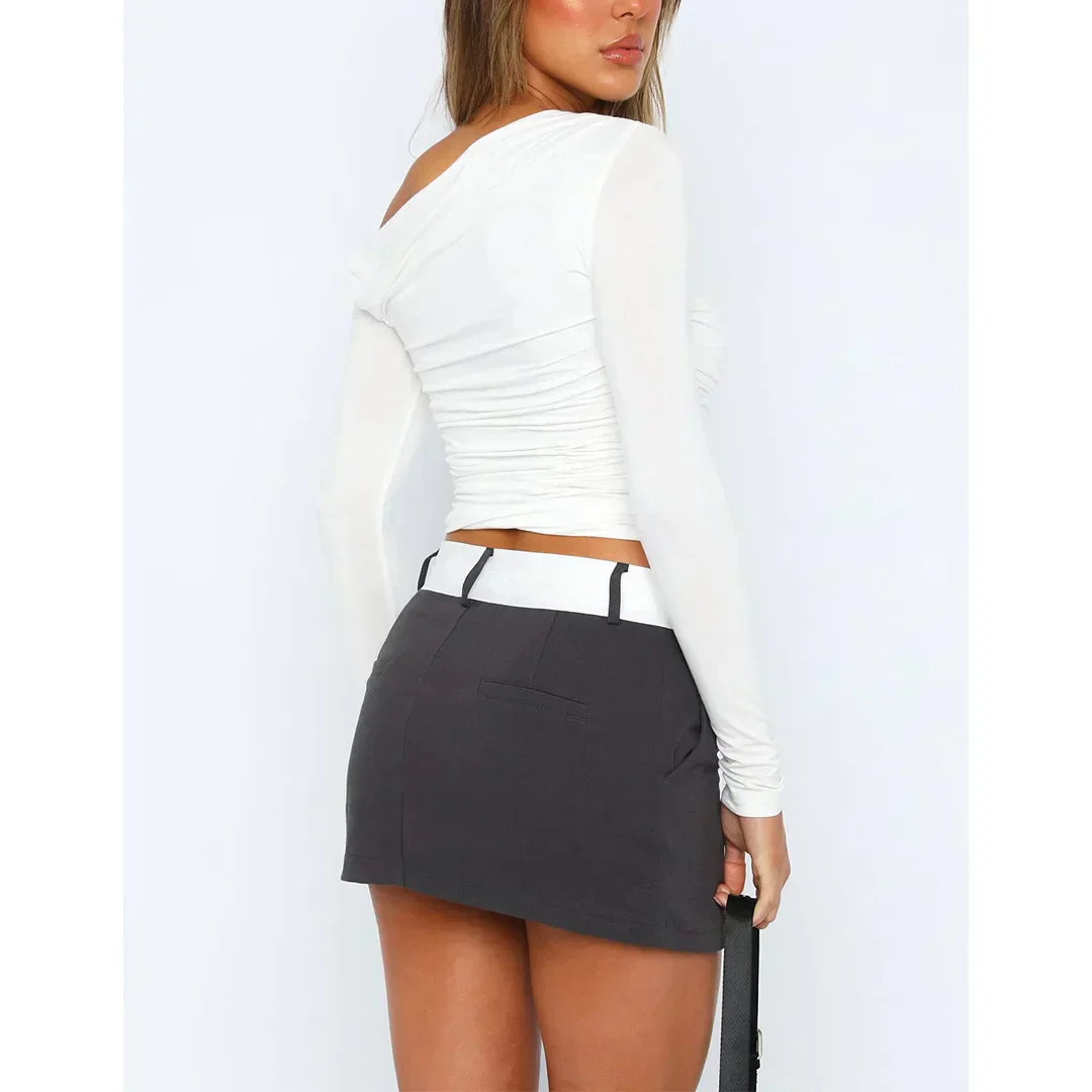 Ladies Off-Shoulder Top – Asymmetrical – Ruched – Fitted – Long Sleeves – Cropped Model - Image 14