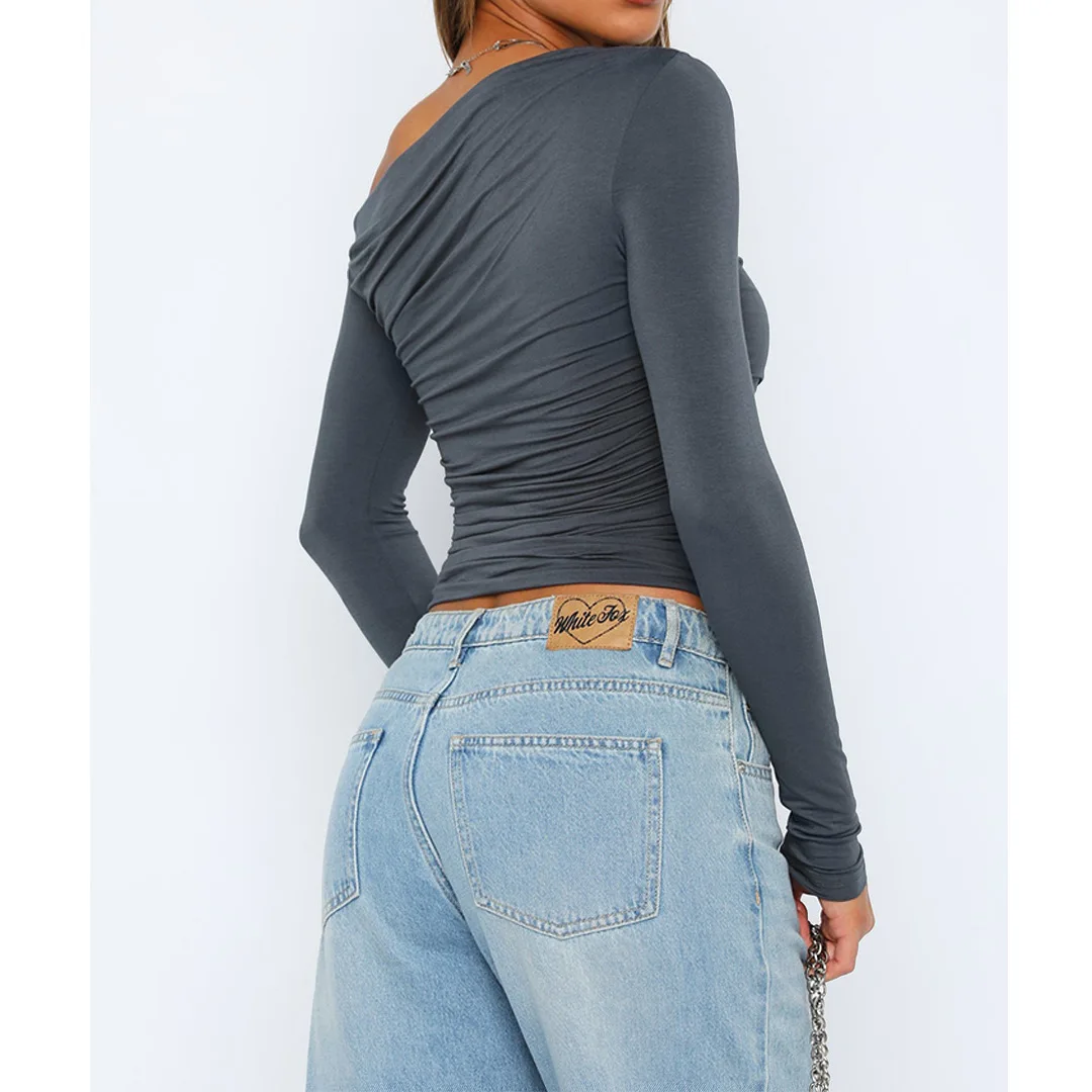 Ladies Off-Shoulder Top – Asymmetrical – Ruched – Fitted – Long Sleeves – Cropped Model - Image 2
