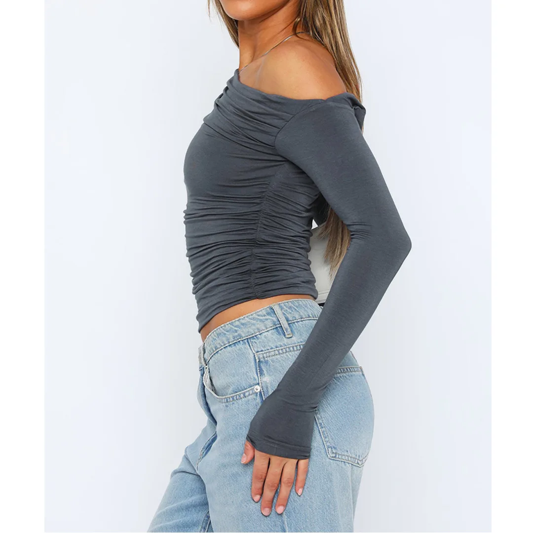 Ladies Off-Shoulder Top – Asymmetrical – Ruched – Fitted – Long Sleeves – Cropped Model - Image 3