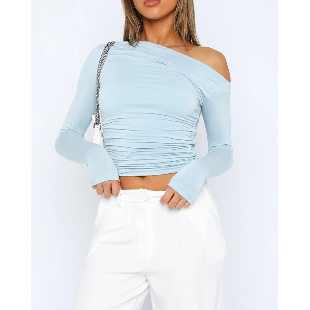 Ladies Off-Shoulder Top – Asymmetrical – Ruched – Fitted – Long Sleeves – Cropped Model - Image 4