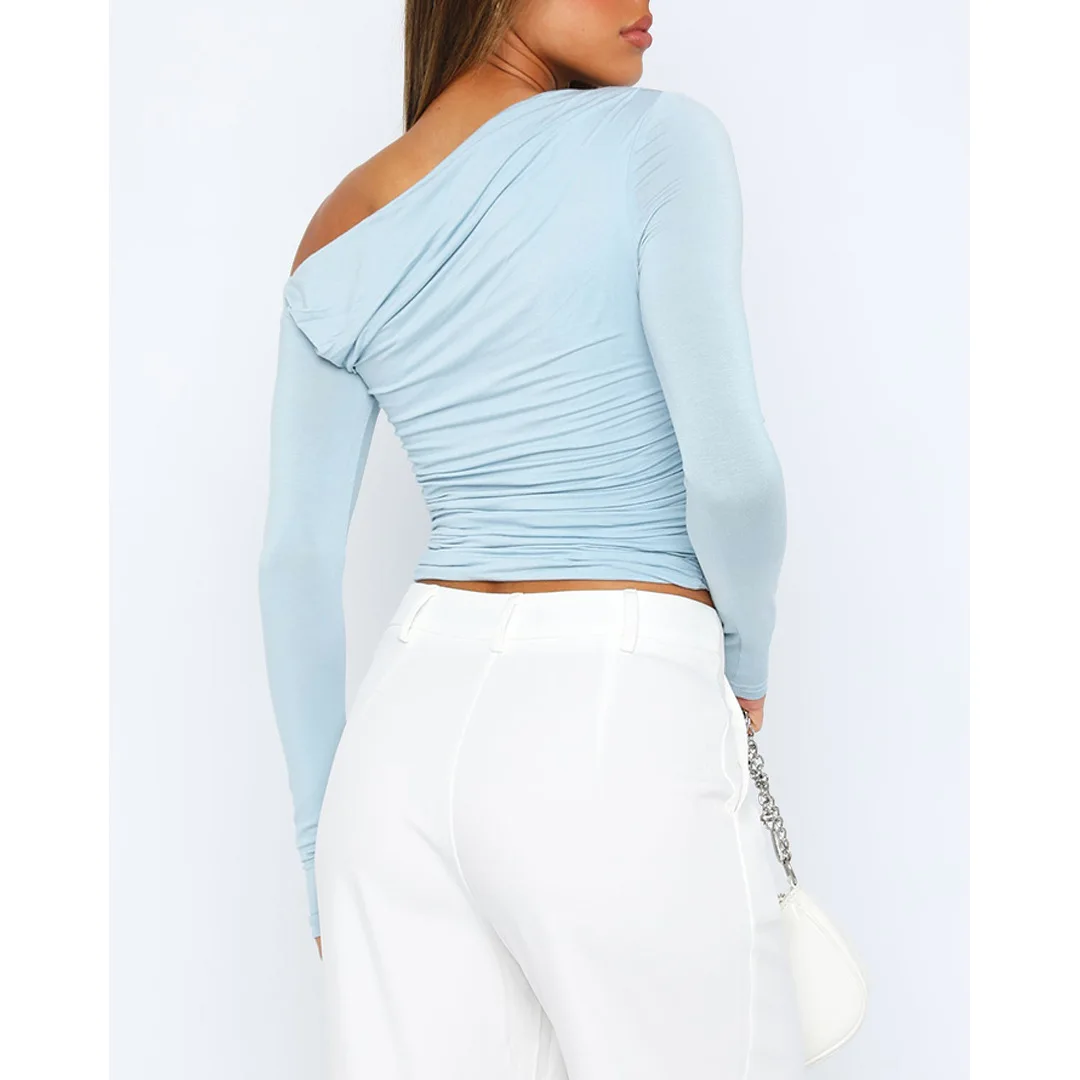 Ladies Off-Shoulder Top – Asymmetrical – Ruched – Fitted – Long Sleeves – Cropped Model - Image 5