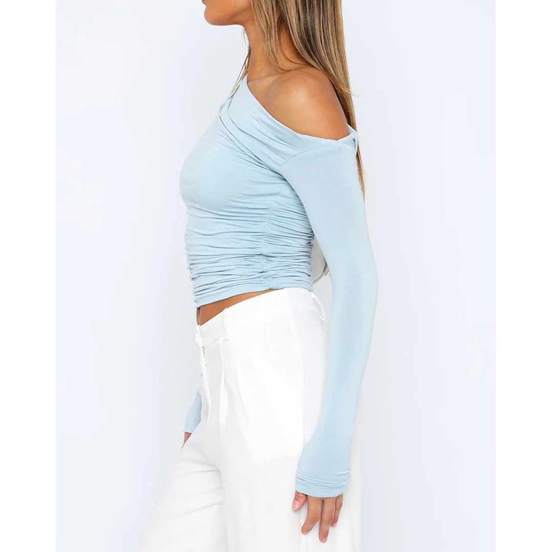 Ladies Off-Shoulder Top – Asymmetrical – Ruched – Fitted – Long Sleeves – Cropped Model - Image 6