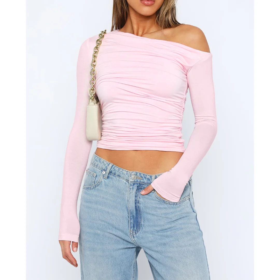 Ladies Off-Shoulder Top – Asymmetrical – Ruched – Fitted – Long Sleeves – Cropped Model - Image 7