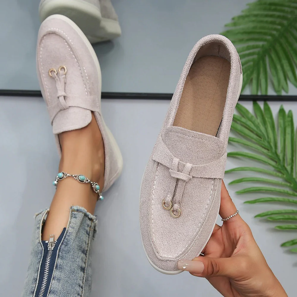 Women's Loafers - Suede Look - Slip-on - Low Heel - With Tassels and Metal Accents - Image 2