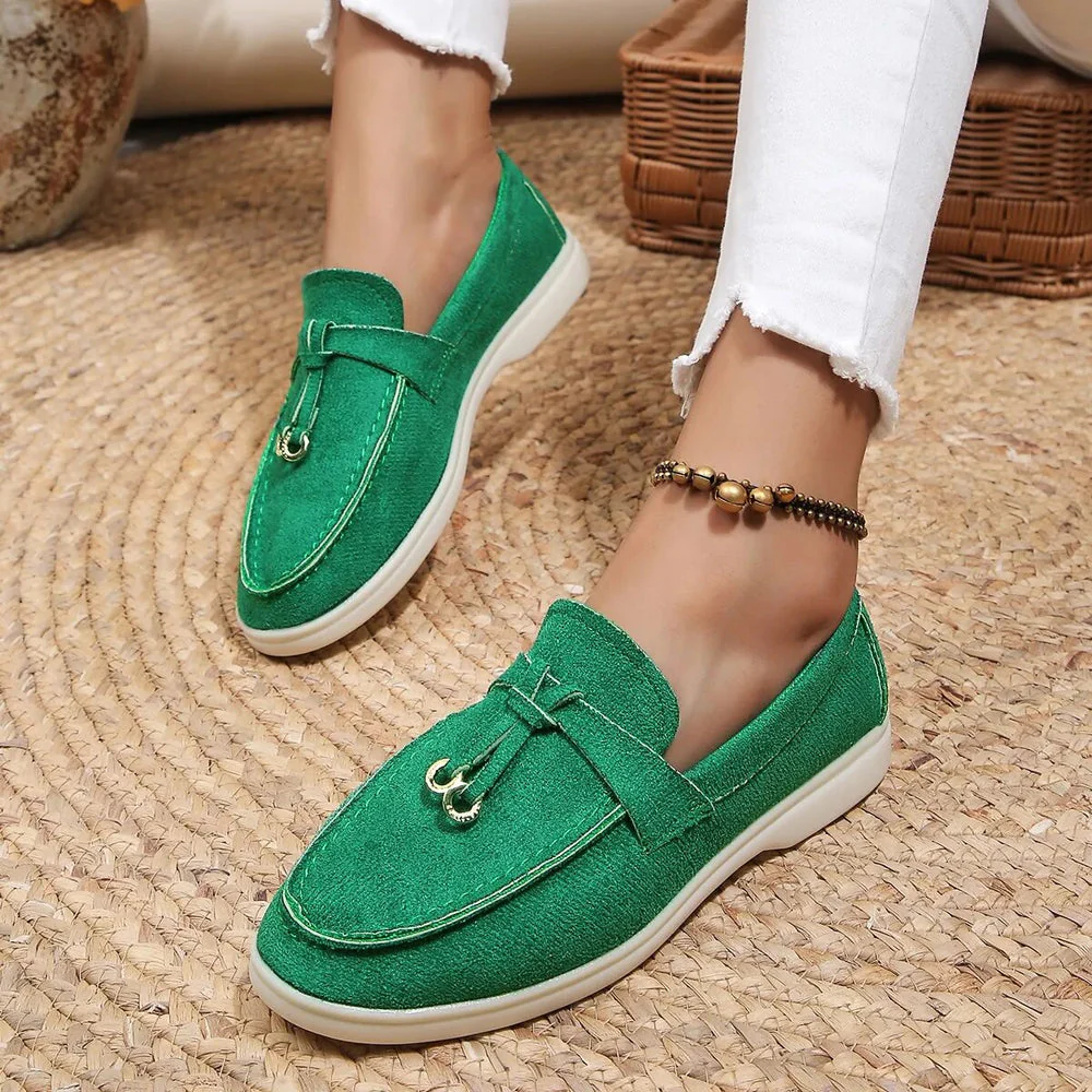 Women's Loafers - Suede Look - Slip-on - Low Heel - With Tassels and Metal Accents - Image 3