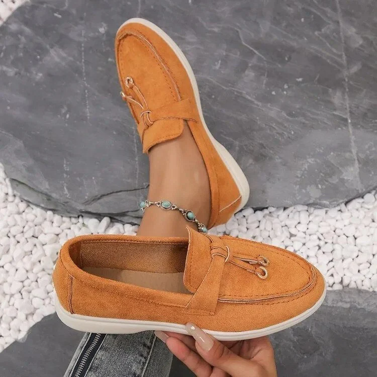Women's Loafers - Suede Look - Slip-on - Low Heel - With Tassels and Metal Accents - Image 4