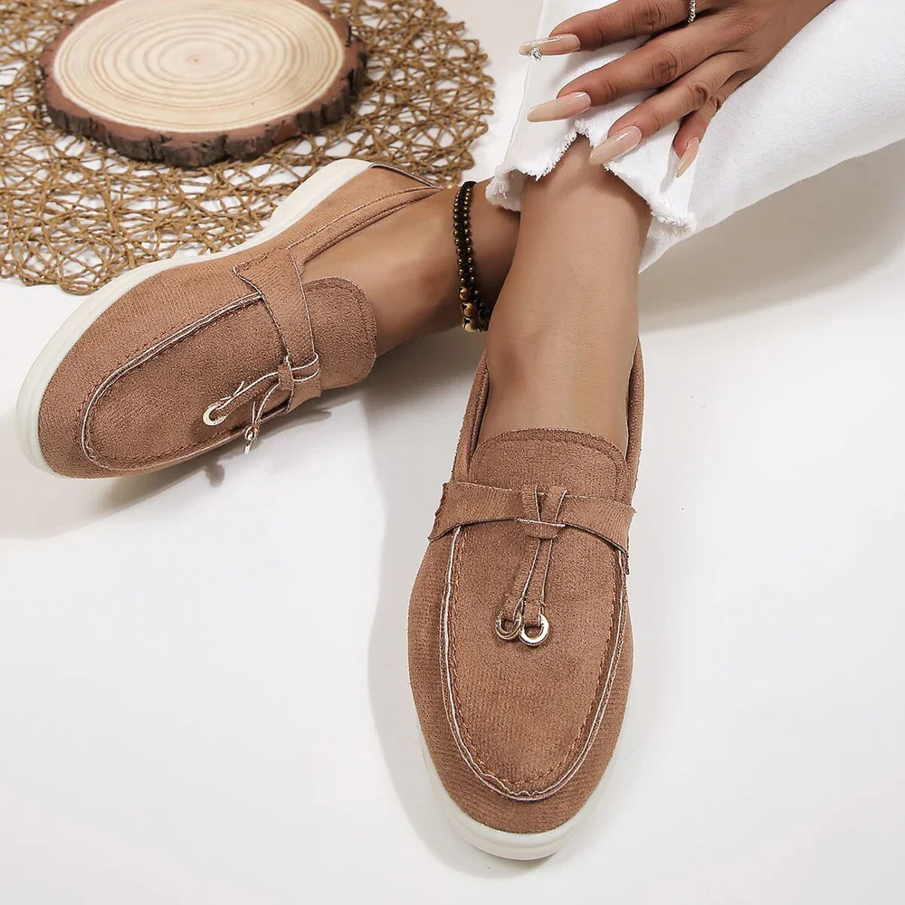 Women's Loafers - Suede Look - Slip-on - Low Heel - With Tassels and Metal Accents - Image 8
