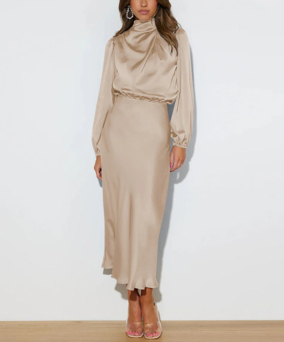 Ladies Dress - Satin Midi - High Neck - Long Puff Sleeves - Elegant Fit - Image 2