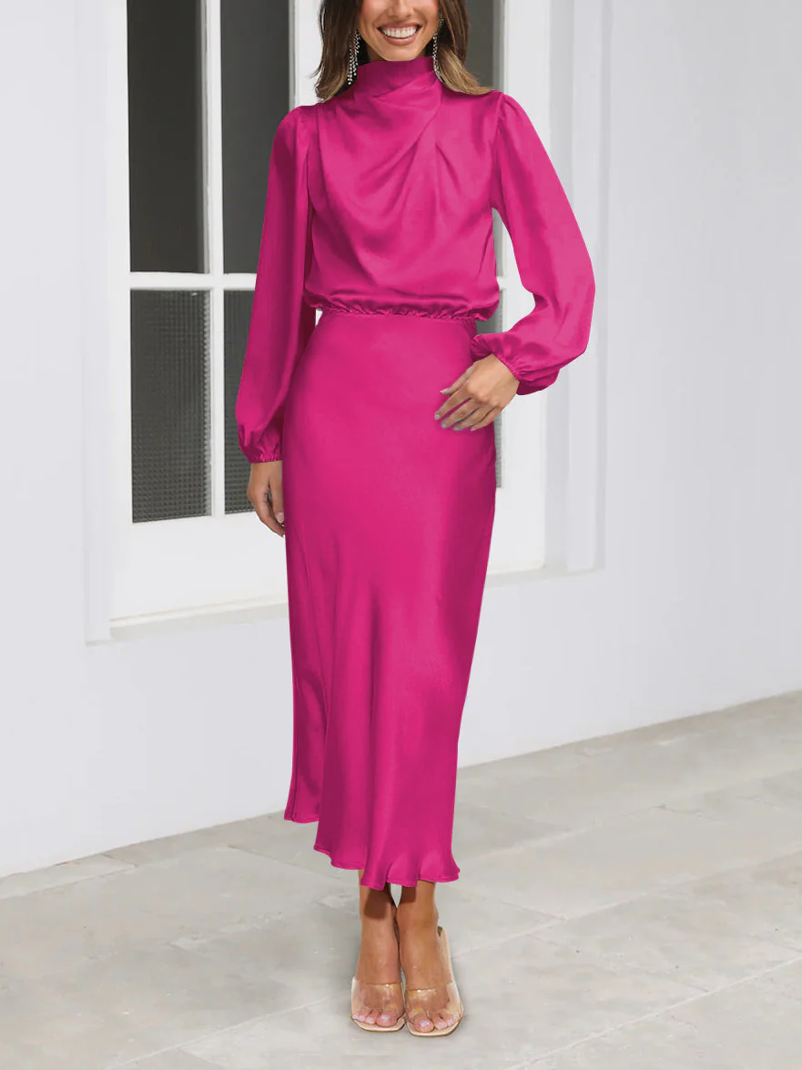 Ladies Dress - Satin Midi - High Neck - Long Puff Sleeves - Elegant Fit - Image 3
