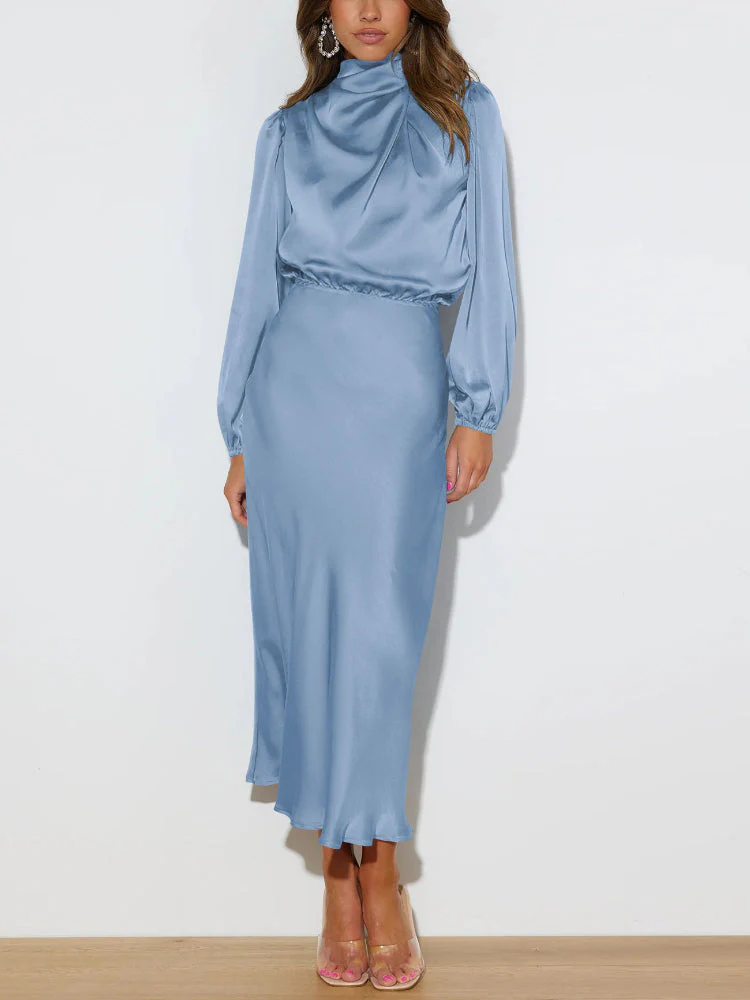 Ladies Dress - Satin Midi - High Neck - Long Puff Sleeves - Elegant Fit - Image 4