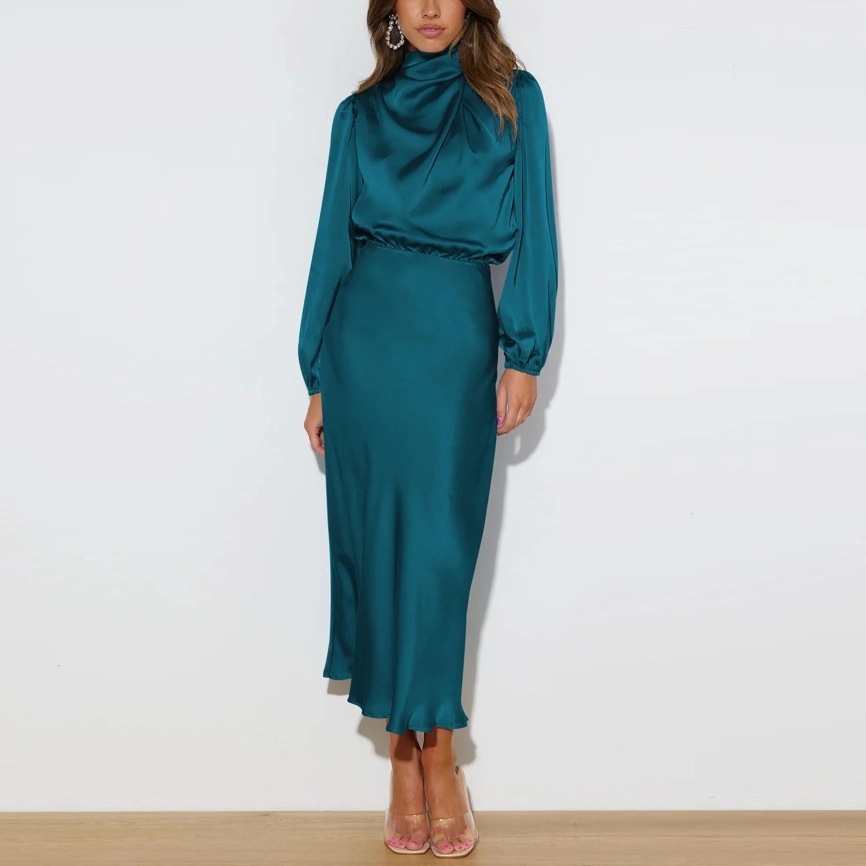 Ladies Dress - Satin Midi - High Neck - Long Puff Sleeves - Elegant Fit - Image 5