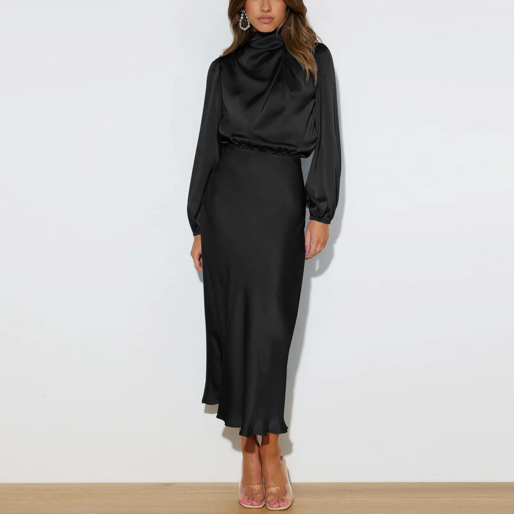 Ladies Dress - Satin Midi - High Neck - Long Puff Sleeves - Elegant Fit - Image 6