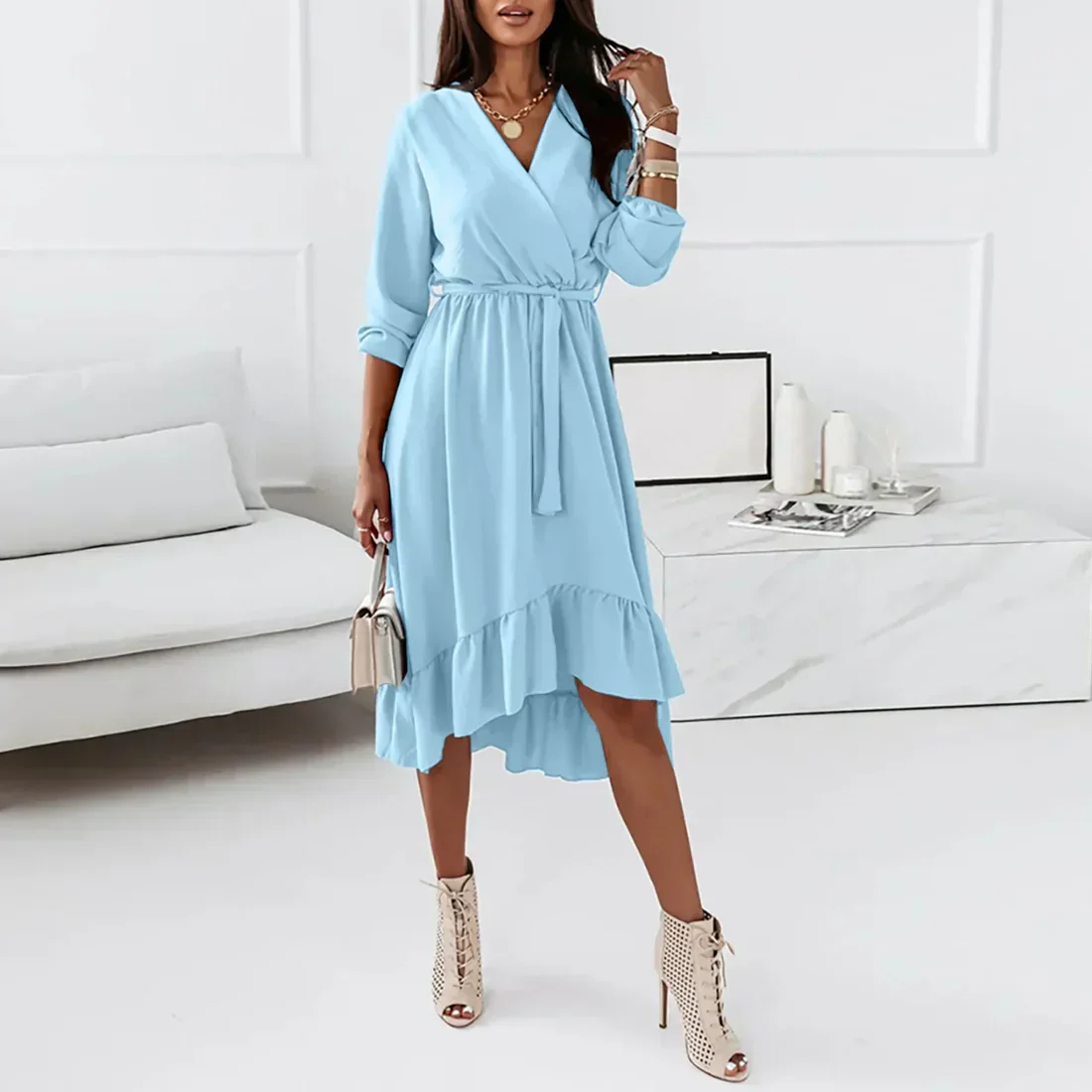 Women's Wrap Dress - Elegant V-neck - Long Sleeves - Asymmetrical Ruching - Waist Belt - Image 2