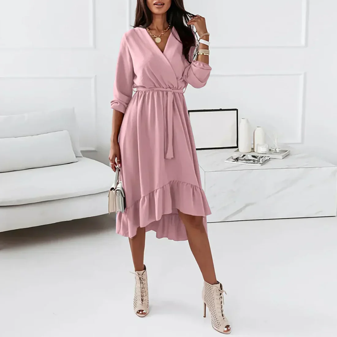 Women's Wrap Dress - Elegant V-neck - Long Sleeves - Asymmetrical Ruching - Waist Belt - Image 3