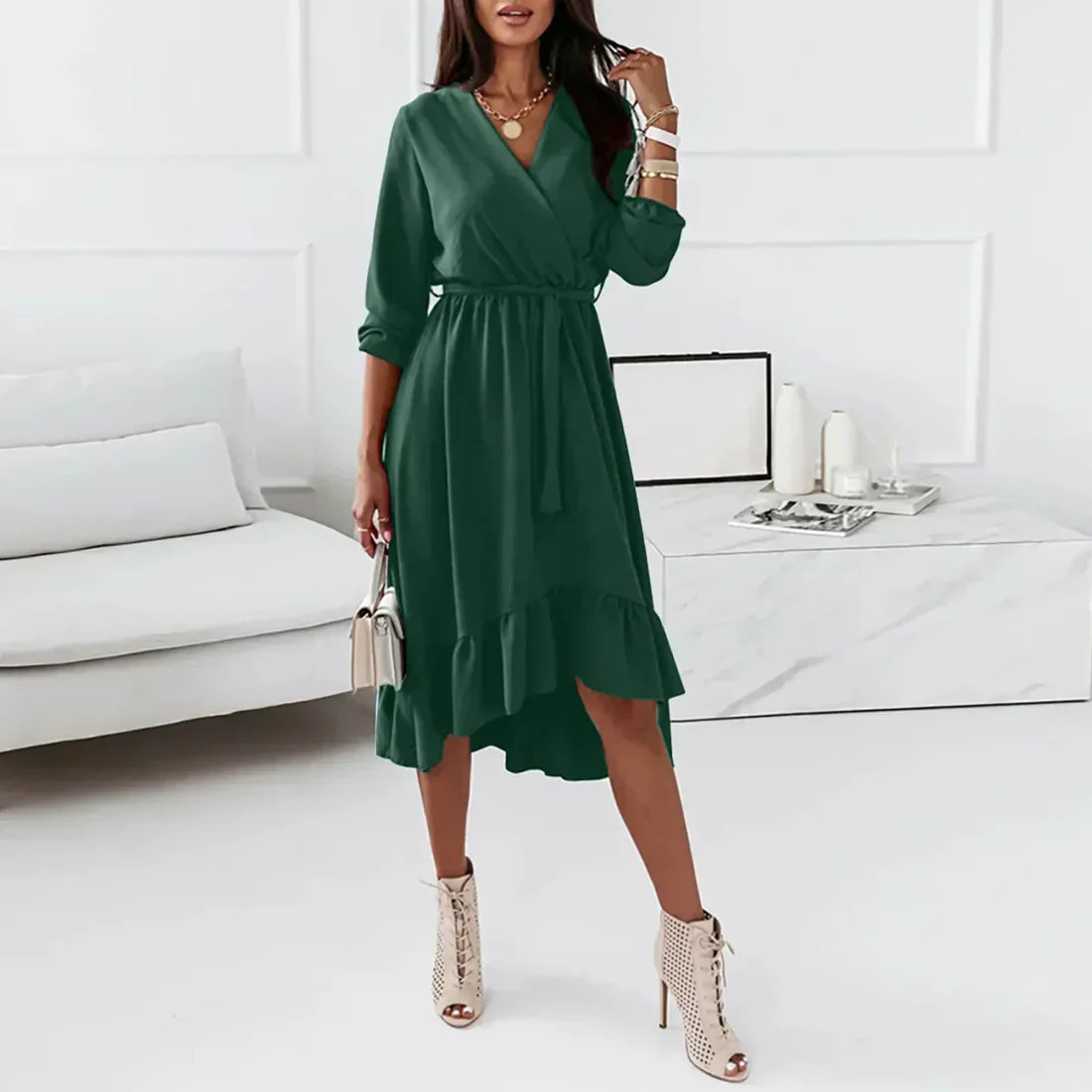 Women's Wrap Dress - Elegant V-neck - Long Sleeves - Asymmetrical Ruching - Waist Belt - Image 4