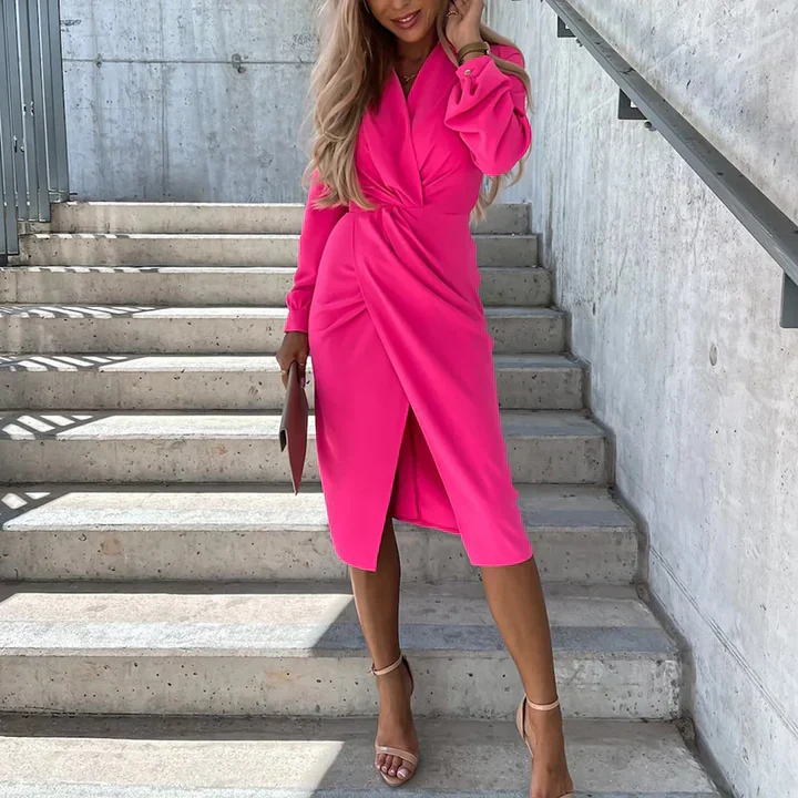 Women's Wrap Dress – Midi Length – Elegant Slit – Long Sleeves – Tailored Fit - Image 2