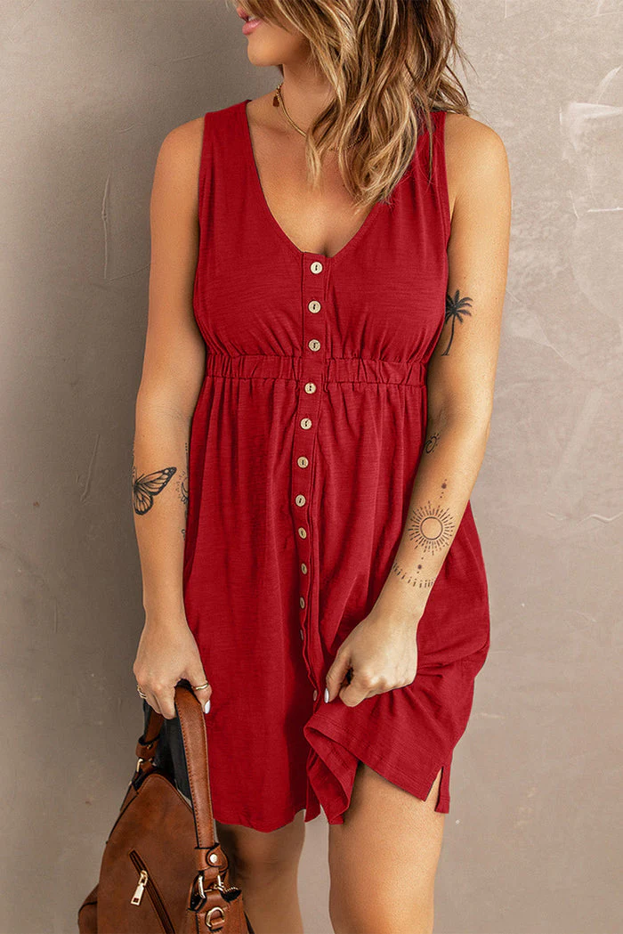 Women's Dress – Sleeveless – Button Closure – Elastic Waist – V-Neck – Casual Fit - Image 6