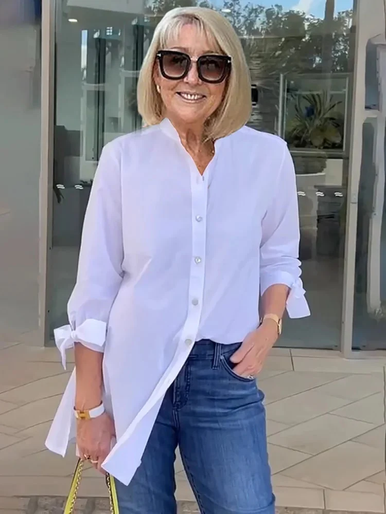 Women's Long Blouse – Relaxed Fit – Rolled-Up Sleeves – Button Closure – Casual Tunic Style - Image 3