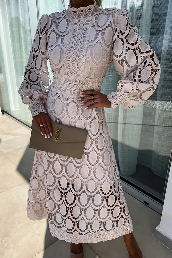 Ladies Midi Dress - Elegant Lace Details - High Neck - Long Puff Sleeves - Fitted Silhouette - Image 2