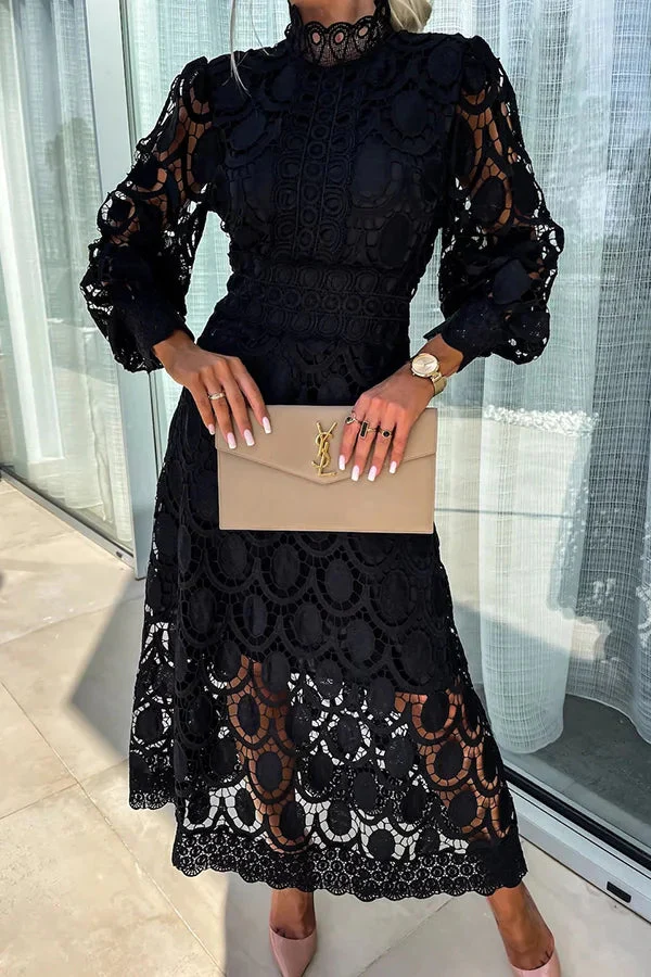Ladies Midi Dress - Elegant Lace Details - High Neck - Long Puff Sleeves - Fitted Silhouette - Image 3