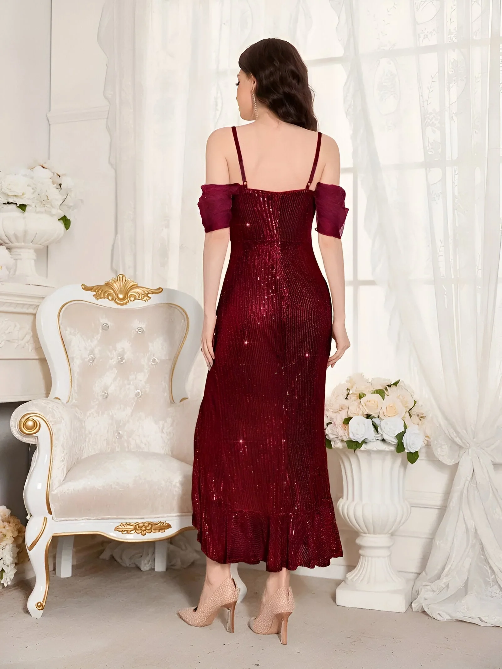 Ladies Evening Dress – Off Shoulder – Tulle Sleeves – Sequins – Asymmetrical With Split - Image 10