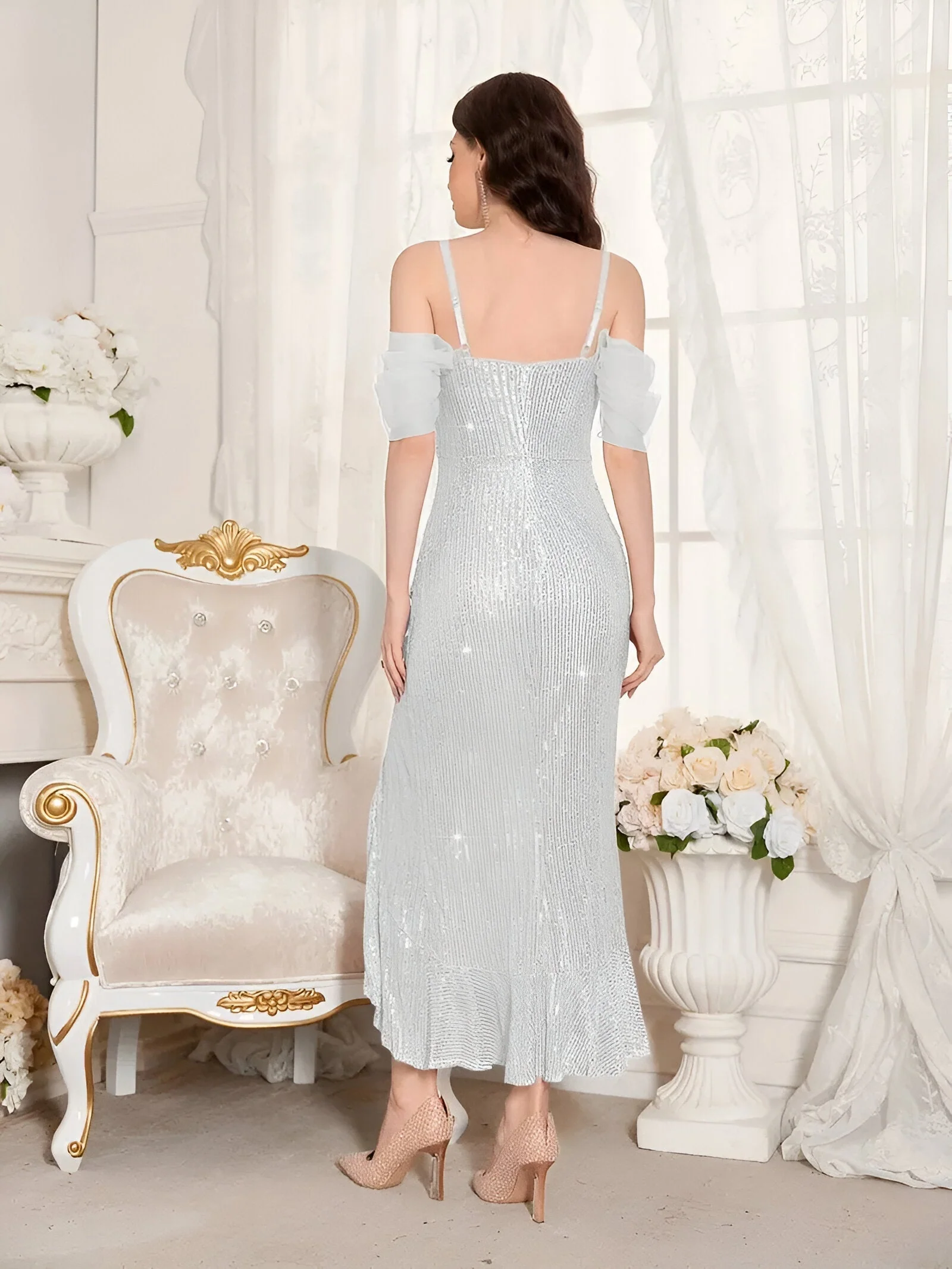 Ladies Evening Dress – Off Shoulder – Tulle Sleeves – Sequins – Asymmetrical With Split - Image 13