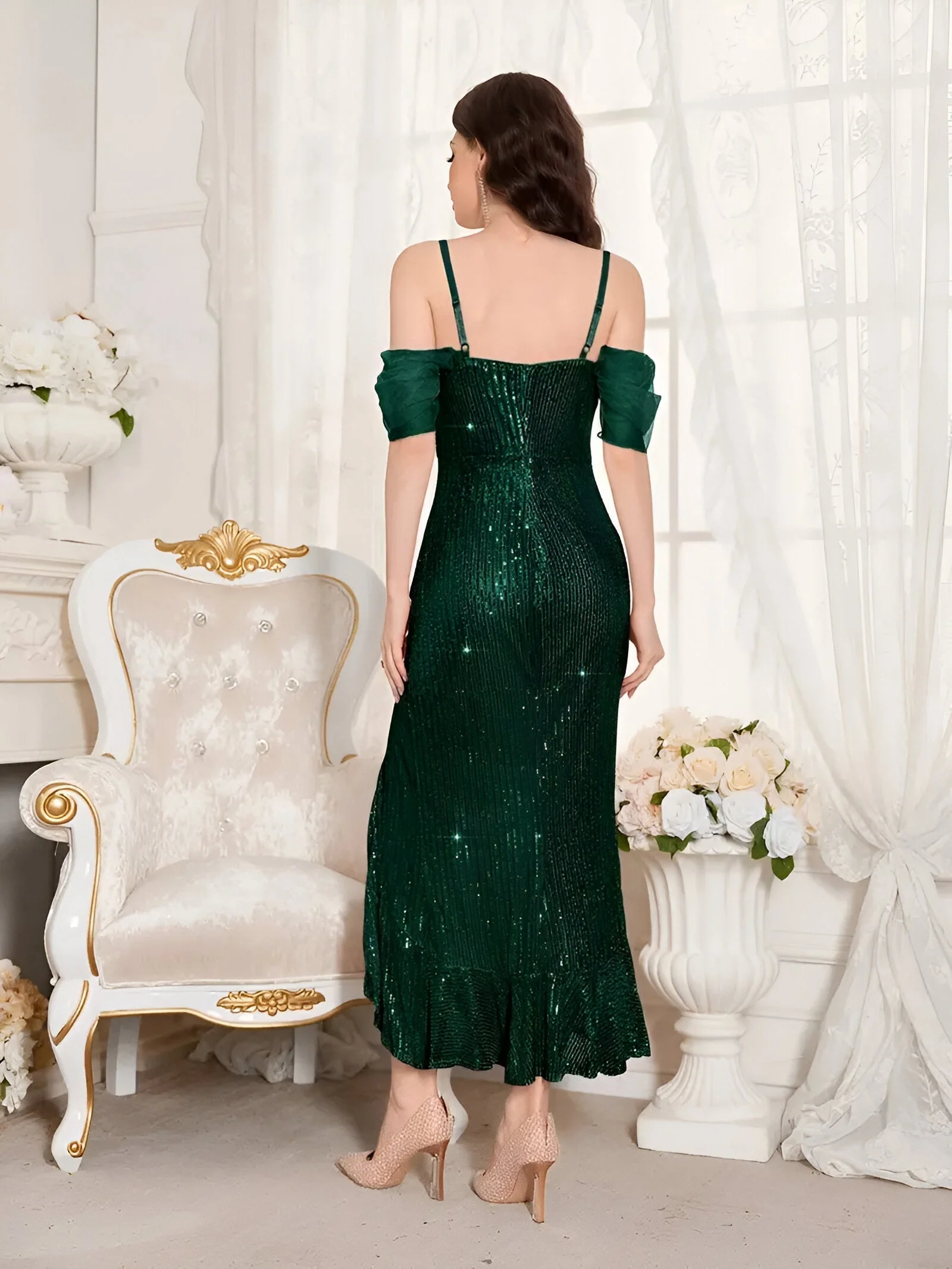 Ladies Evening Dress – Off Shoulder – Tulle Sleeves – Sequins – Asymmetrical With Split - Image 14