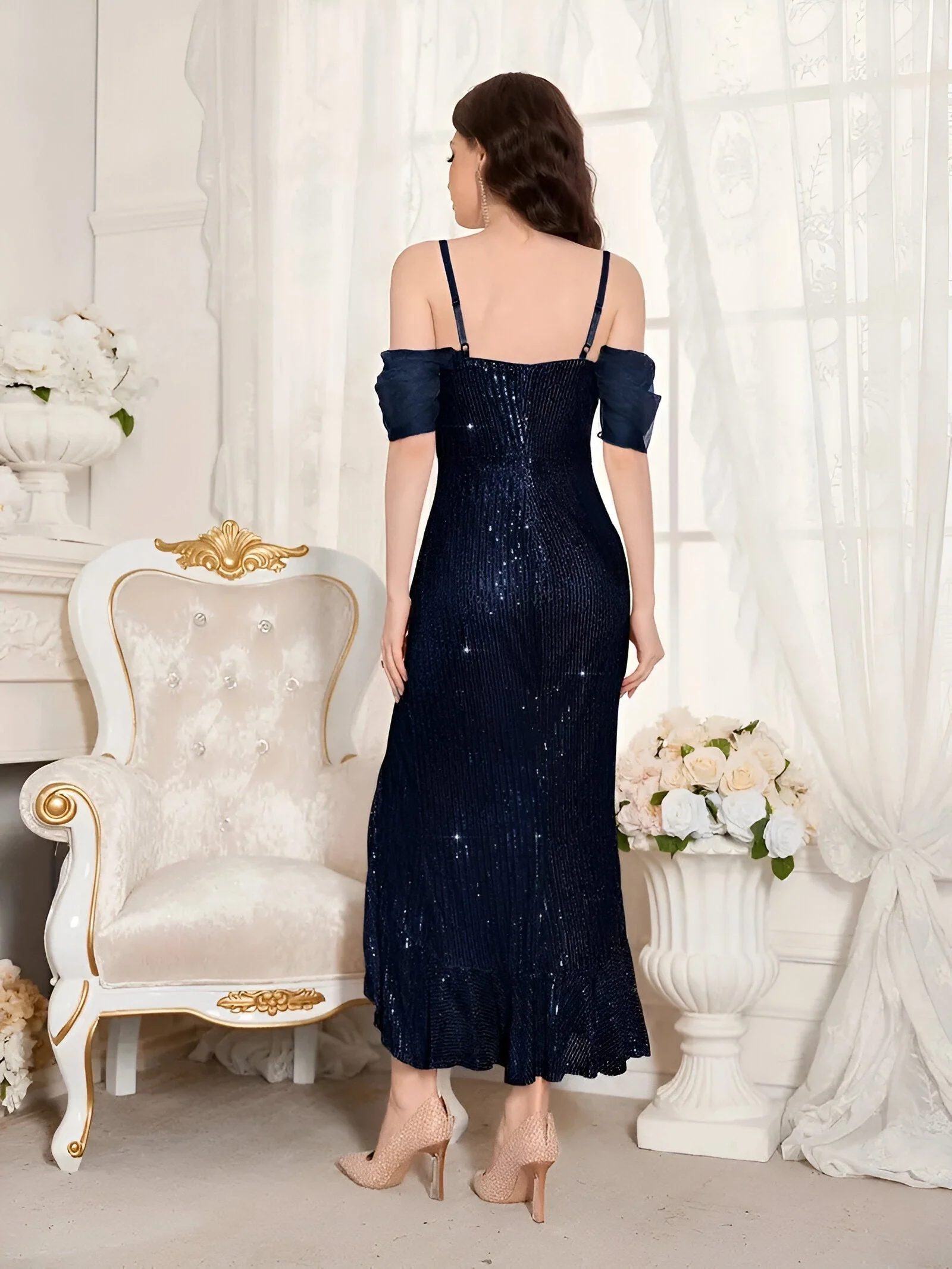 Ladies Evening Dress – Off Shoulder – Tulle Sleeves – Sequins – Asymmetrical With Split - Image 18