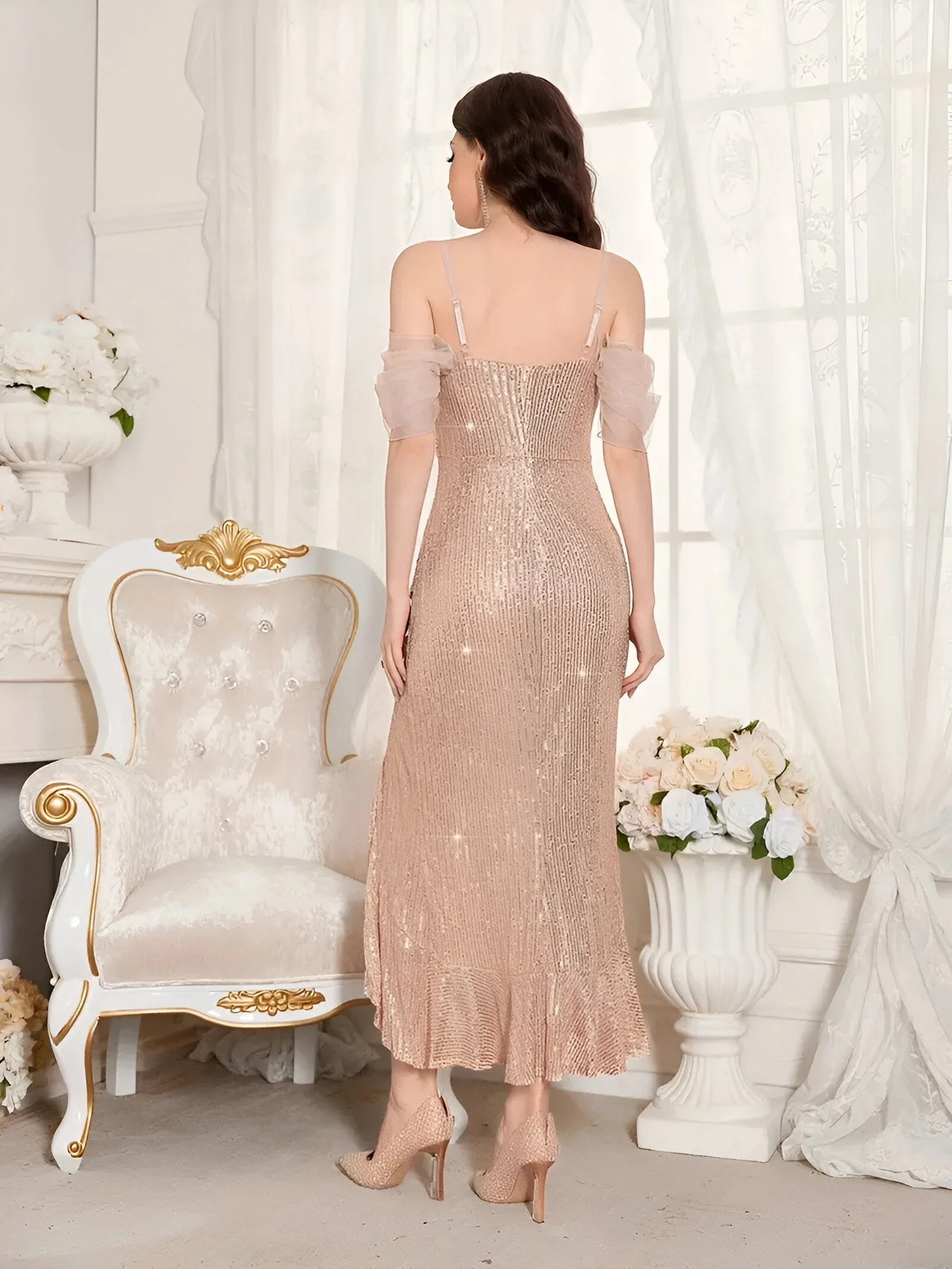 Ladies Evening Dress – Off Shoulder – Tulle Sleeves – Sequins – Asymmetrical With Split - Image 19