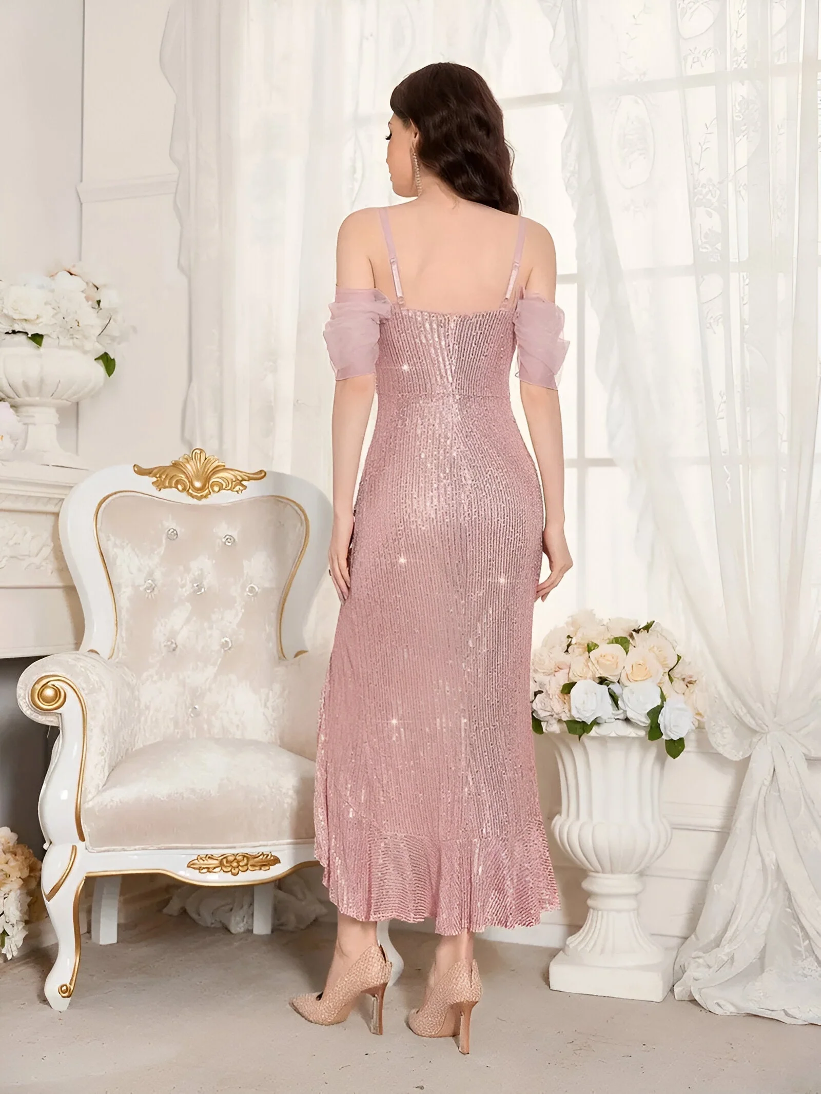 Ladies Evening Dress – Off Shoulder – Tulle Sleeves – Sequins – Asymmetrical With Split - Image 31