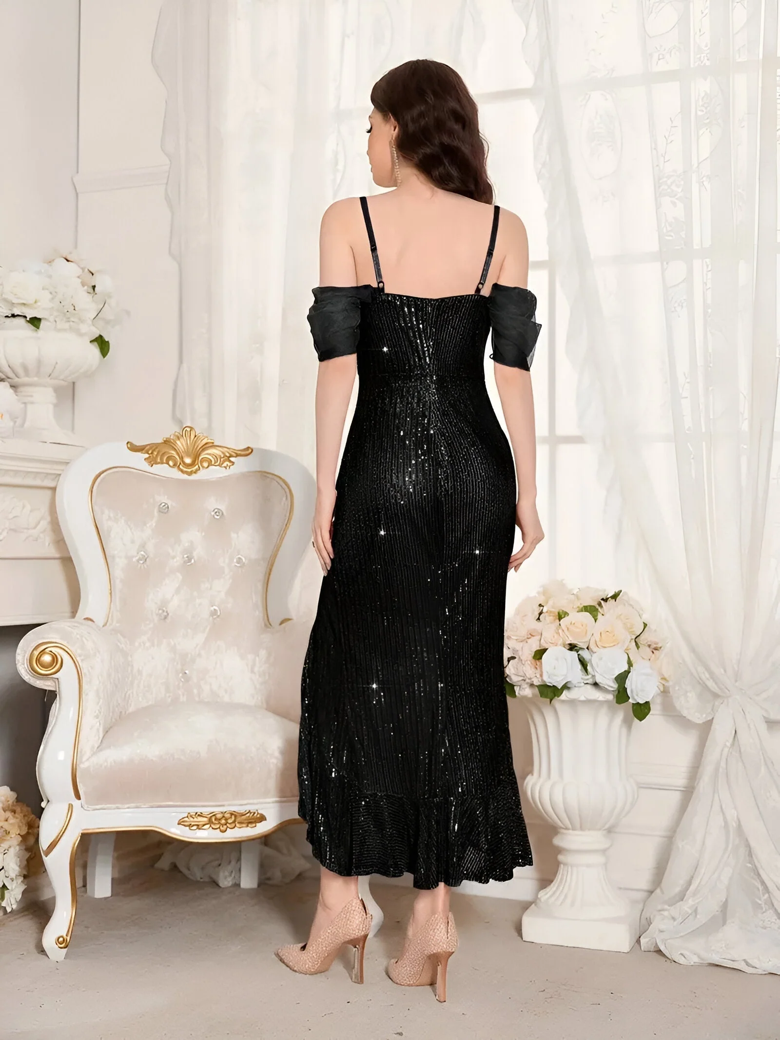 Ladies Evening Dress – Off Shoulder – Tulle Sleeves – Sequins – Asymmetrical With Split - Image 40