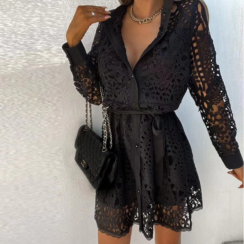 Ladies Dress - Lace Design - Long Sleeves - Mini Length - Elegant Fit - With Belt - Image 3