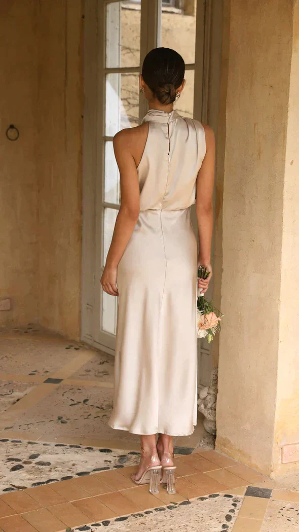 Ladies Halter Dress - Sleeveless Satin Look - Fitted - Midi Length Elegant Fit - Image 2
