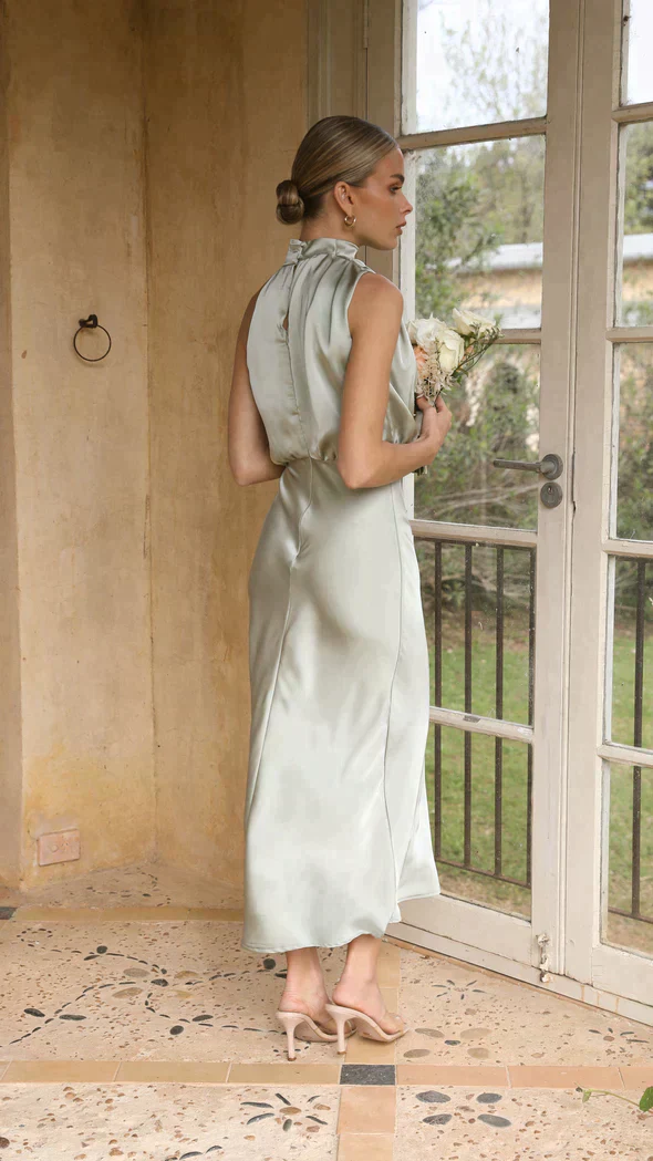 Ladies Halter Dress - Sleeveless Satin Look - Fitted - Midi Length Elegant Fit - Image 4